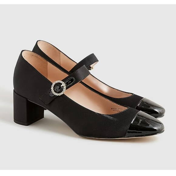 J Crew Black Mary Jane Block Heels Rhinestone Buckle Patent Cap Toe Shoes Size 8 - Picture 8 of 8
